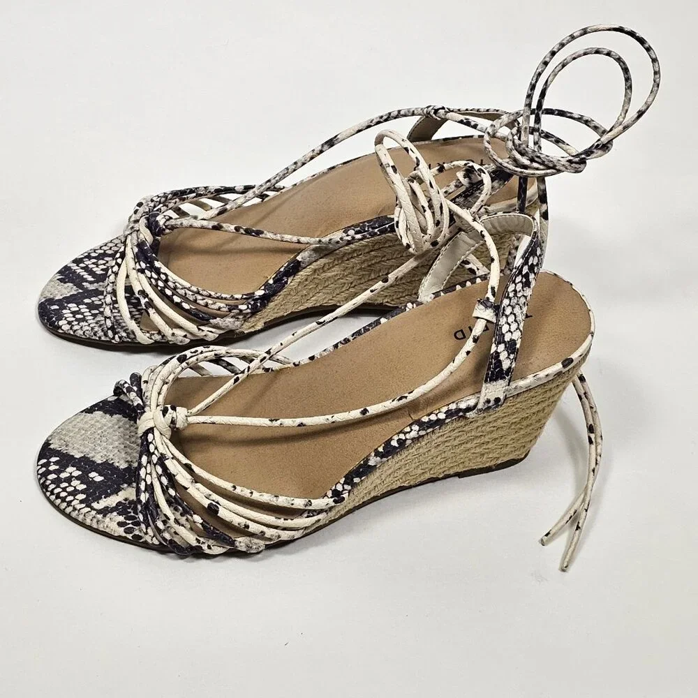 Torrid Sandals Snake Ankle Lace Up Wrap Cork Wedge Shoes Sz 8.5 Wide Espadrille